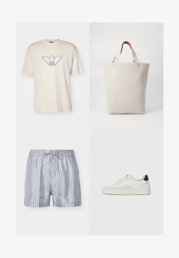 Šviesiai bežinė medvilninė marškinė, su dideliu siuvinėtų erelio logotipu pilkos ir juodos spalvos krūtinėje. Trumpomis rankovėmis, laisvu siluetu.; Juostuoti maudymosi šortai šviesiai mėlynos ir baltos spalvos, su elastinga juosmens juosta, raišteliu ir lygiu, lengvu audiniu.; Baltos sportbačiai su zomšos akcentais, apvaliu nosiu, plokščiais raišteliais ir kreminės spalvos guminiu padu. Ant kulno yra žalia ženklinimo detalė.; Šviesiai smėlinė audinio delninė su tekstūriniu paviršiumi, turinti du kontrastingus rudos odos rankenėles ir metalinius akcentus viršuje.