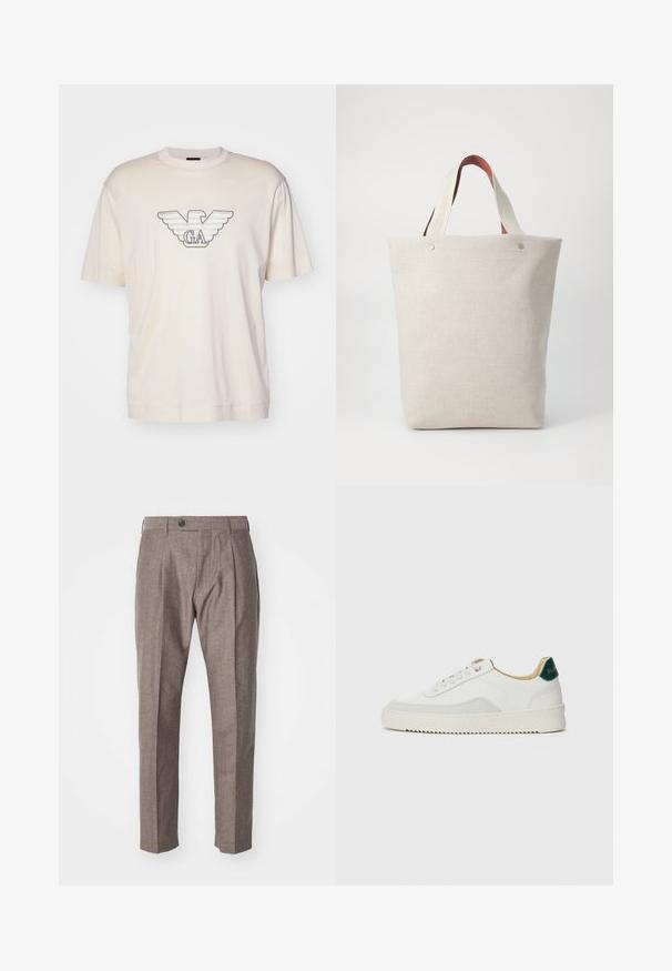 T-shirt beige clair en coton, arborant un grand logo d'aigle brodé en gris et noir sur la poitrine. Manches courtes, coupe décontractée.; Paul Smith TROUSER - Pantalon classique - brown; Baskets blanches avec des accents en daim, bout arrondi, lacets plats et semelle en caoutchouc crème. Présente une marque verte sur le talon.; Sac fourre-tout en tissu beige clair avec une finition texturée, doté de deux poignées en cuir marron contrastantes et d'accents métalliques en haut.