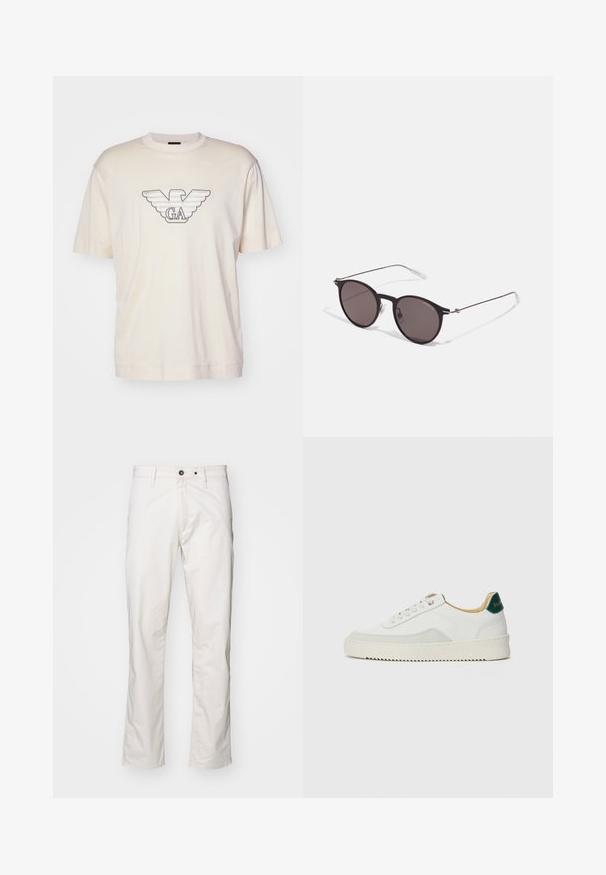 T-shirt beige chiaro in cotone, con un grande logo di un'aquila ricamata in grigio e nero sul petto. Maniche corte, vestibilità comoda.; Pantaloni in cotone bianco con un taglio dritto, dotati di due tasche anteriori e due tasche posteriori, chiusura con bottone e dettagli di cucitura minimi.; Sneaker bianco con accenti in camoscio, punta rotonda, lacci piatti e suola in gomma crema. Presenta un marchio verde sul tallone.; Occhiali da sole neri rotondi con lenti scure e sottili bracci in metallo. Include punte trasparenti e accenti argentati alla cerniera. Design minimalista.