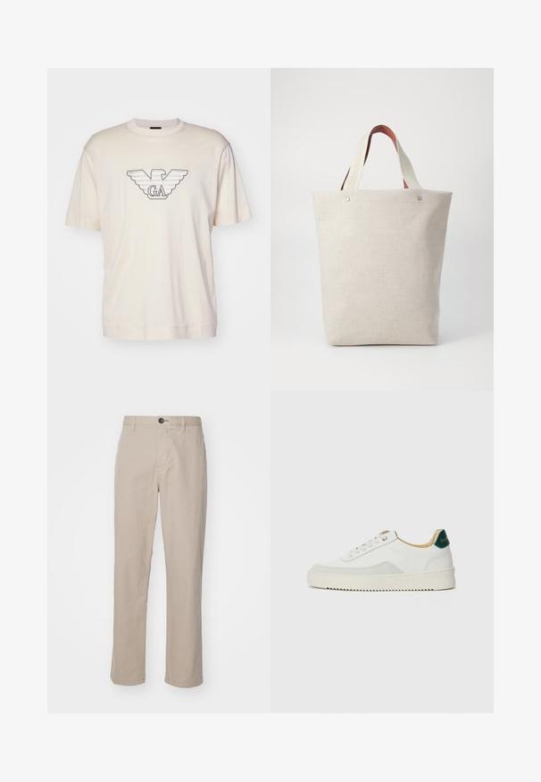 Light beige t-shirt made of cotton, featuring a large embroidered eagle logo in grey and black on the chest. Short sleeves, relaxed fit.; Beige straight-leg trousers in lightweight fabric, featuring a button closure and subtle stitching details. Flat front with side pockets.; White sneaker with suede accents, rounded toe, flat laces, and a cream rubber sole. Features green branding on the heel.; Tote bag in light beige fabric with a textured finish, featuring two contrasting brown leather handles and metal accents at the top.
