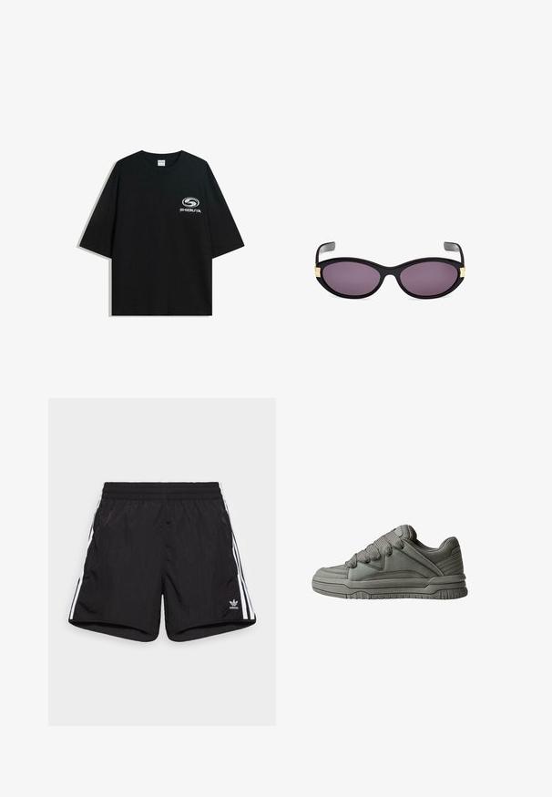 Černé oversized bavlněné tričko s kulatým výstřihem a krátkým rukávem, na přední straně s potiskem bílého loga "Shibuya".; Černé sportovní šortky vyrobené z lehkého materiálu, s elastickým pasem, dvěma bílými bočními pruhy a malým logem na lemu.; Šedá sportovní bota s texturovaným koženým a síťovaným svrškem, silnou gumovou podrážkou a výrazným polstrovaným jazykem a bočními stranami. K dispozici jsou tkaničky a boční akcenty.; Černé sluneční brýle ve tvaru kočičích očí s fialovými skly. Mají zlaté detaily poblíž spánků. Hladký plastový rám s lesklým povrchem.