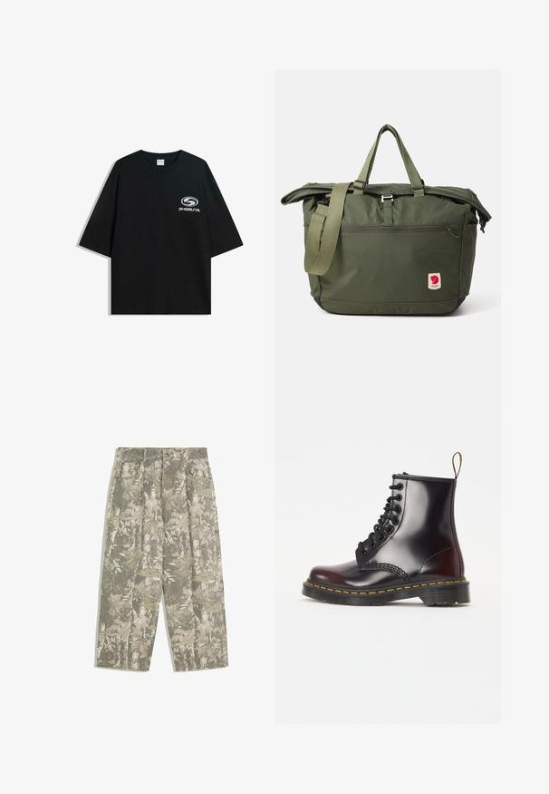 Crna oversized pamukasta majica s okruglim izrezom i kratkim rukavima, s bijelim logotipom "Shibuya" otisnutim na prednjoj strani.; Cargo hlače širokih nogavica u zeleno-bež kamuflažnom uzorku lišća i kore, s prednjim džepovima i petljama za remen.; Crne kožne gležnjače s sjajnom završnom obradom, okruglim nosom, dizajnom s vezanjem na sedam rupica i karakterističnim žutim šavom duž đona.; Maslinasto zelena torba za nošenje s dvije ručke i podesivom naramenicom. Ima glavni pretinac sa zatvaranjem na munju i prednji džep sa zatvaranjem na munju.