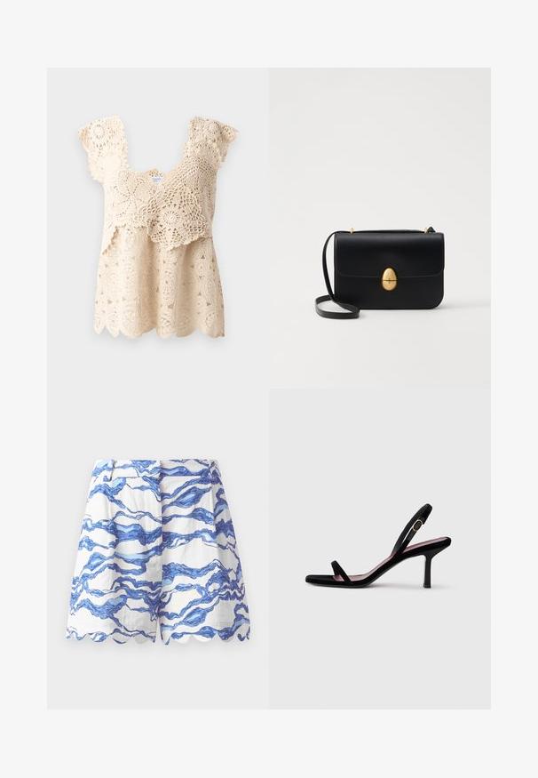 Bežinė nėriniuota palaidinė su banguotu apvadu, gėlių raštais ir trumpomis, raukinėtomis rankovėmis. Medžiaga papuošta sudėtingais nėrinių detalėmis.; Balti šortai su mėlynu bangų raštu, banguotu apvadu, lengvu audiniu, klostuota priekiu ir laisvu siluetu. Tinka kasdieniam dėvėjimui.; Juodas zomšinis moteriškas aukštakulnis sandalai su plonais dirželiais ir auksine sagtimi ant balto fono, šoninis vaizdas.; Juodas odinis rankinukas su struktūrine stačiakampio forma. Yra auksinė ovali sagtis ir plona petneša. Glotni tekstūra.