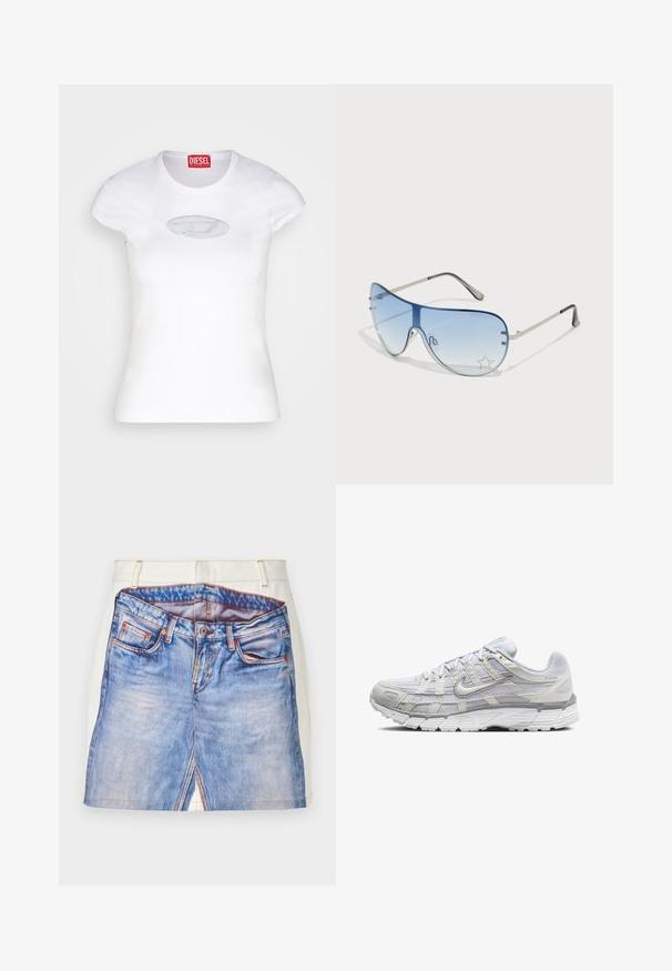 White fitted T-shirt made of cotton, featuring a round neckline and short sleeves, with a light blue embroidered logo on the front.; Short denim skirt design with a printed blue jeans pattern, featuring a white waistband, orange stitching, and side slit details.; Light gray athletic shoes with a mesh and synthetic upper, featuring a lace closure, padded collar, and textured sole for grip.; Aviator sunglasses featuring a gradient blue lens, silver metal frame, and decorative star accents on the lens. Smooth and sleek design.