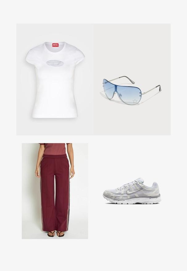 Baltas figūruotas marškinėlis pagamintas iš medvilnės, turintis apvalų kaklą ir trumpas rankoves, priekyje su šviesiai mėlynu išsiuvinėtu logotipu.; Vyno raudonos plataus kirpimo kelnes su šoninėmis juostelėmis kreminės ir tamsiai mėlynos spalvų, turinčios prigludusią juosmenį ir lygią medžiagos tekstūrą.; Šviesiai pilki sportiniai batai su tinkline ir sintetine viršutine dalimi, turintys raištelių užsegimą, paminkštintą apykaklę ir tekstūruotą padą geresnei sukibimo kokybei.; Aviatoriai akiniai su gradientiniais mėlynais objektyvais, sidabriniu metaliniu rėmu ir dekoratyvinėmis žvaigždžių akcentais ant objektyvų. Lygaus ir stilingo dizaino.