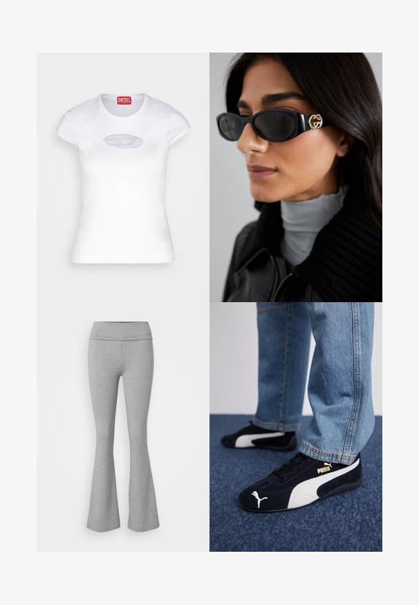 Weißes, enganliegendes T-Shirt aus Baumwolle mit rundem Ausschnitt und kurzen Ärmeln, versehen mit einem hellblauen, gestickten Logo auf der Vorderseite.; Graue, ausgestellte Leggings aus weichem Baumwollmischgewebe. Mit einem breiten Bund und glatter Textur, die eine lässige Passform bieten.; Schwarze Wildledersneaker mit weißen Akzenten und einem goldenen Logo. Getragen mit hellblauen Jeans und auf einer strukturierten blauen Oberfläche platziert.; Schwarze Sonnenbrille mit einem schlanken rechteckigen Rahmen und einem goldenen Logo-Akzent an der Seite. Dunkle Gläser und glänzende Oberfläche sind auffällig.