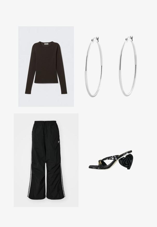 Długi rękaw top w ciemnym brązie, wykonany z miękkiego, elastycznego materiału. Posiada okrągły dekolt i dopasowany krój. Metka mówi "WEEKDAY."; Czarne spodnie wiatrówka z elastycznym paskiem w talii, sznurkiem do regulacji, białymi paskami po bokach, luźny krój, z małym logo po lewej stronie.; Czarne klapki z krzyżującymi się paskami, wzorzystym wierzchem oraz rzeźbionym, czarnym obcasem w kształcie serca z detalem loga.; Srebrne kolczyki w formie obręczy z gładką, polerowaną powierzchnią i cienkim, okrągłym kształtem. Wzór posiada pewne zapięcie.