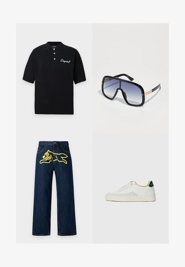 Polo preta feita de algodão, com gola tradicional, abertura com três botões e logótipo branco bordado no peito.; Jeans de denim azul escuro com um grande gráfico amarelo de uma personagem a saltar no bolso de trás. Design de perna reta com costura padrão.; Tênis brancos com detalhes em camurça, bico arredondado, atacadores planos e sola de borracha creme. Apresenta uma marcação verde no calcanhar.; Óculos de sol oversized pretos com lentes púrpura em degradé, acabamento brilhante e detalhes em dourado nas hastes. Forma de armação retangular.