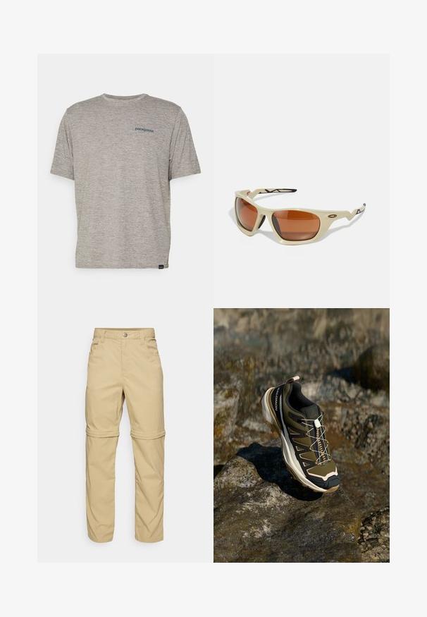 Grå kortærmet t-shirt lavet af blødt, struktureret stof med et lille blåt Patagonia-logo på venstre bryst. Ingen yderligere mønstre.; Beige zip-off bukser med en glat tekstur, der har to sidelommer, en knaplukning og opsmøgede bukseben for alsidighed.; Vandrestøvle i olivengrøn og sort med pink accenter. Har en tekstureret overdel, fleksibel sål, forstærket tåhætte og farverigt snøresystem.; Beige sports solbriller med brune linser, et strømlinet design, teksturerede sorte accenter på stangene, og en vinkelret form.