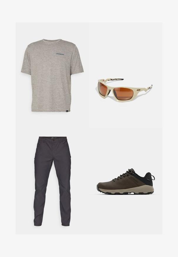 Szara koszulka z krótkim rękawem, uszyta z miękkiego, teksturowanego materiału, z małym niebieskim logo Patagonia na lewej piersi. Bez dodatkowych wzorów.; Ciemnoszare spodnie cargo o gładkiej fakturze, z przednimi kieszeniami i jedną kieszenią boczną; zapięcie w pasie na guzik.; Brązowe wodoodporne trampki z teksturowaną cholewką, perforowanymi akcentami, czarnym wsparciem pięty i szarym gumowym podeszwy. Sznurówki ozdobione metalowymi końcówkami.; Beżowe okulary przeciwsłoneczne sportowe z brązowymi soczewkami, aerodynamiczny kształt, teksturowane czarne akcenty na ramionach oraz kanciasty kształt.