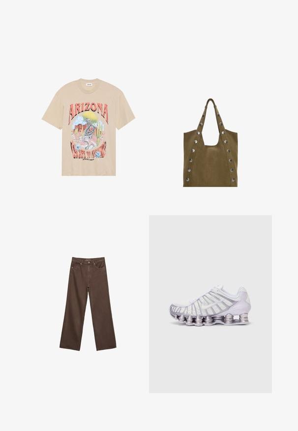 Beige cotton graphic t-shirt featuring a snake, cacti, and desert scenery. Text reads "ARIZONA ESCAPE TO INSPIRE" in bold pink and black.; Wide-leg brown jeans made of denim, featuring a high waist, front pockets, and a classic button closure. Smooth texture with subtle stitching.; White and purple athletic shoe featuring a mesh upper, distinctive wave design, and large rounded cushioning pods in the sole.; Khaki suede tote bag with two top handles, featuring large silver rivets along the sides and a large open top for easy access.