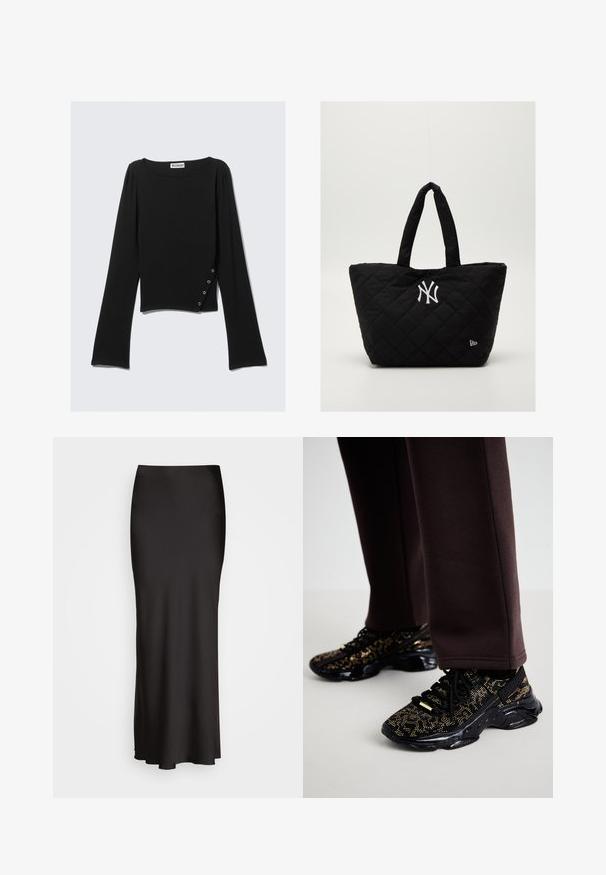 Black long-sleeve top made of smooth fabric, featuring a boat neckline, cropped length, and a side detail with silver snaps.; Black, floor-length satin skirt with a smooth texture, fitted waistband, and A-line silhouette, featuring no visible embellishments or patterns.; Black sneakers with gold speckles, textured surface, and a chunky black sole. Paired with brown sweatpants, showing a fitted design.; Quilted black tote bag with double handles, featuring a white New York Yankees logo and a small brand emblem on the side.