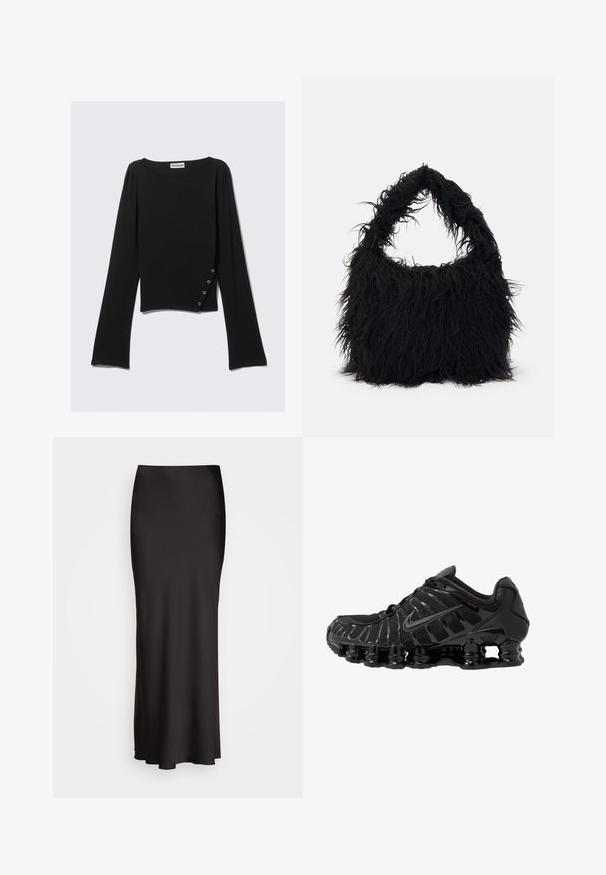 Zwarte top met lange mouwen van een gladde stof, met een bootcut halslijn, cropped lengte en een zijdetail met zilveren drukkers.; Zwarte, vloerlange satijnen rok met een gladde textuur, een aansluitende tailleband en een A-lijn silhouet, zonder zichtbare versieringen of patronen.; Zwarte sportieve schoen met mesh-bovenwerk en glanzende overlays. Bevat afgeronde spoelvering en textuur lijnen aan de zijkant. Nike-logo zichtbaar.; Even&Odd Shopper - black