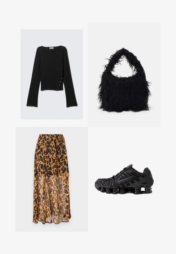 Schwarzes langärmliges Oberteil aus glattem Stoff, mit einem weitem Halsausschnitt, cropped Länge und einem seitlichen Detail mit silbernen Druckknöpfen.; Leopardenprint-Rock aus leichtem, durchsichtigem Stoff. Verfügt über einen elastischen Bund und ein fließendes Design in Brauntönen mit schwarzen Flecken.; Schwarzer Sportschuh mit Mesh-Obermaterial und glänzenden Überzügen. Verfügt über eine geschwungene Spiraldämpfung und strukturierte Linien an der Seite. Nike-Logo sichtbar.; Even&Odd Shopping Bag - black