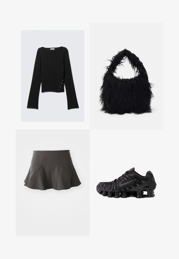 Maglietta nera a maniche lunghe realizzata in tessuto liscio, con scollo a barca, lunghezza cropped e un dettaglio laterale con bottoni in argento.; Gonna nera a campana con vita aderente, caratterizzata da cuciture verticali e una texture liscia. L'orlo è leggermente curvo e sopra la metà della coscia.; Scarpa sportiva nera con tomaia in mesh e sovrapposizioni lucide. Presenta un'imbottitura a molla curva e linee texturizzate sul lato. Logo Nike visibile.; Even&Odd Shopping bag - black