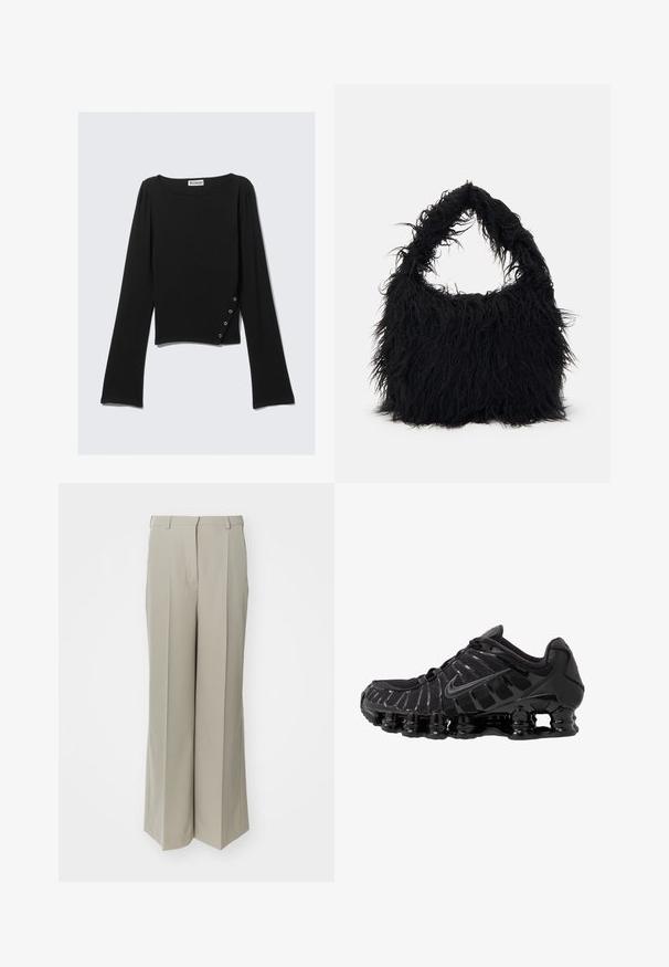 Svart langermet topp laget av glatt stoff, med båtutringning, kort lengde og en sidedetalj med sølvknapper.; Beige vide benbukser laget av glatt stoff, med høy midje, skarpe folder og to frontlommer.; Sorte joggesko med mesh-overdel og glansfulle detaljer. Har buet fjæringssystem og teksturerte linjer på siden. Nike-logoen er synlig.; Even&Odd Shoppingveske - black