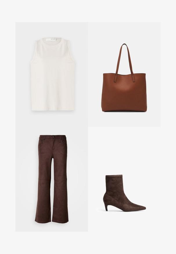 Balta be rankovių palaidinė, pagaminta iš minkštos, lygios medžiagos. Turi apvalų iškirpimą ir paprastą dizainą be puošmenų ar raštų.; Rudos plačios kelnės iš minkštos, panašios į zomšą medžiagos. Turi keturias kišenes, sagų užsegimą ir lygią, tekstūruotą paviršių.; Rudas zomšo aulinukas su smailiu pirštu ir liekna kulna. Pasižymi lygiu paviršiumi ir aukštu kotu.; Ruda odinė priekabų krepšys su glotnia tekstūra, atviru viršumi ir dviem petnešomis. Su minimalia siuvimo detalėmis ir nematoma aparatūra.