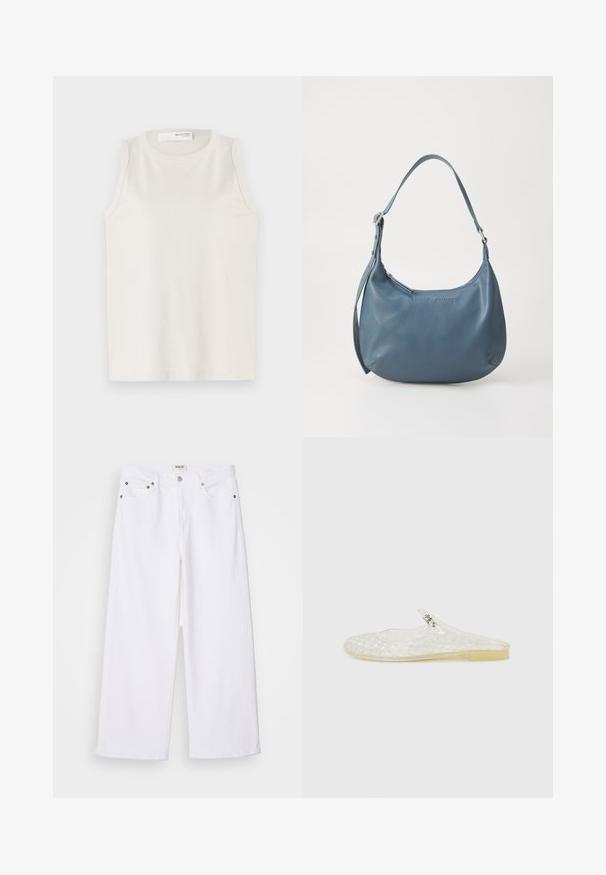 Witte mouwloze top van zachte, gladde stof. Heeft een ronde halslijn en een eenvoudig ontwerp zonder versieringen of patronen.; Witte wijde jeans van denim, met een vijf-pocket ontwerp, metalen hardware en een hoge taille, met een nette afwerking aan de zoom.; Duidelijke kunststof instapschoen met een rasterpatroon, ronde neus en een kleine zilveren accent op de band. Flexibele zool in een doorzichtige kleur.; Blauwe leren handtas met een ronde vorm, enkele schouderriem, ritssluiting en geïmpregneerde merknaam aan de voorkant. Gladde textuur.