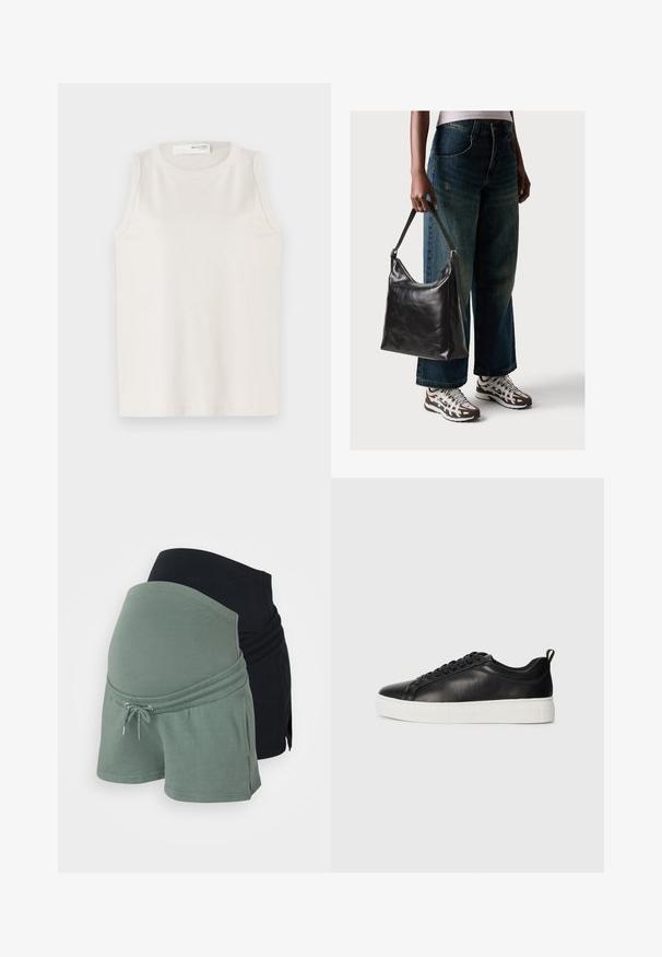 Balta be rankovių palaidinė, pagaminta iš minkštos, lygios medžiagos. Turi apvalų iškirpimą ir paprastą dizainą be puošmenų ar raštų.; Juodos ir žalios spalvos nėščiųjų šortų komplektas. Minkšta medvilnės medžiaga, laisvas siluetas, reguliuojamas juosmuo su šnurku, su sluoksniuoto dizaino ypatybėmis.; Juodi odiniai žemos sportinės bateliai su juodomis raištelėmis ir storu baltu guminio pado, matomi iš išorės ant balto fono.; Juodas odinis peties krepšys su lygiu paviršiumi ir reguliuojama dirželiu, derinamas su nublukusiais plačiapurčiais džinsais ir sportiniais batais.