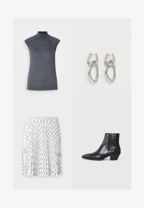 Pelēks bez piedurknēm turtlenecks tops, cieši pieguloša silueta, ribota tekstūra, gluda auduma, ar augstu kaklu un stilīgiem plecu izgriezumiem.; Balta svārku ar krokotām detaļām, kurai ir tumši zila ģeometriska raksts ar krustojošām līnijām. Elastinga josta ar auklas detaļu.; Melnas ādas potītes zābaki ar izsistu purngali, elastīgām sānu paneļiem ar vertikālām grodām un zemu bloku papēdi. Gluda tekstūra un elegants dizains.; Calvin Klein STATEMENT LINKS - Auskari - silver-coloured