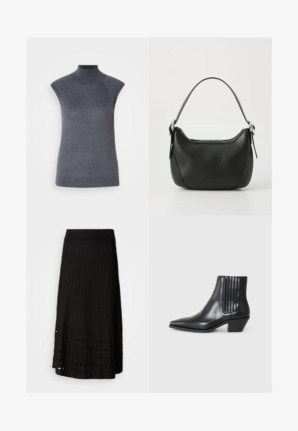Grå ermeløs polo topp, kroppsnært snitt, ribbet tekstur, glatt stoff, har høy krage og stilige skulderutskjæringer.; Svart plissert skjørt med ribbet midjebånd, med et mønster av runde utskjæringer nær kanten, laget av et glatt tekstil.; Sorte skinnankelsko med spiss tå, elastiske sidepaneler med vertikale groper, og en lav blokkhæl. Glatt tekstur og elegant design.; Svart skinnveske med en buet form, sølv glidelås og kort håndtak. Har en subtil logo på forsiden og glatt tekstur.