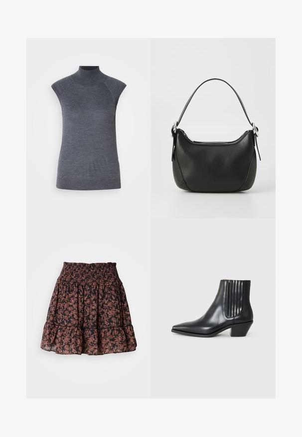 Grå ærmeløs turtleneck-top med tætsiddende pasform, ribbet tekstur, glat stof, har høj krave og stilfulde skulderudskæringer.; Sort blomsterkjede med en smocket talje, der har flæset tiers og et delikat mønster i pink og brun. Letvægtsstof.; Sorte læder ankelstøvle med spids tå, elastiske sidepaneler med lodrette riller og en lav blokhæl. Glat tekstur og slankt design.; Sort læderhandtaske med en buet form, sølv lynlås og et kort håndtag. Har et diskret logo på forsiden og en glat tekstur.