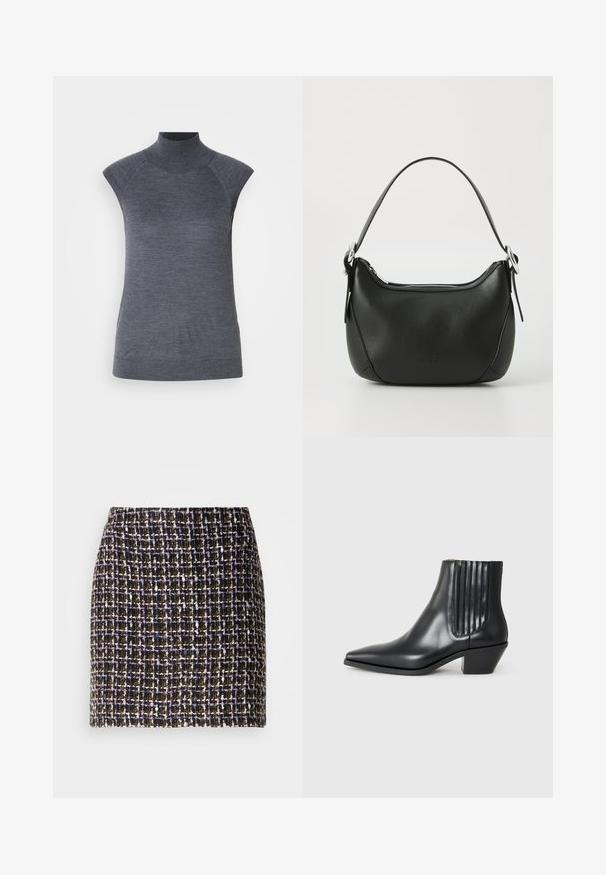 Top grigio senza maniche con collo alto, aderente al corpo, texture a coste, tessuto liscio, con collo alto e moderni ritagli sulle spalle.; Gonna in tweed intrecciato con motivo a quadri nei toni del nero, viola e oro; presenta una superficie testurizzata e una vita elastica.; Stivaletto in pelle nera con punta affusolata, pannelli laterali elasticizzati con scanalature verticali e tacco basso a blocco. Texture liscia e design elegante.; Borsa in pelle nera con forma curva, zip argentata e manico corto. Presenta un logo discreto sulla parte anteriore e una texture liscia.