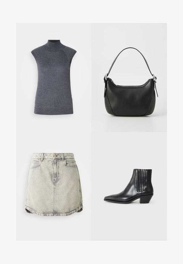 Grå ermeløs polo topp, kroppsnært snitt, ribbet tekstur, glatt stoff, har høy krage og stilige skulderutskjæringer.; Dongeriskjørt i lys grå med en falmet tekstur, med belte med knapper, frontlommer og en litt buet nederkant.; Sorte skinnankelsko med spiss tå, elastiske sidepaneler med vertikale groper, og en lav blokkhæl. Glatt tekstur og elegant design.; Svart skinnveske med en buet form, sølv glidelås og kort håndtak. Har en subtil logo på forsiden og glatt tekstur.