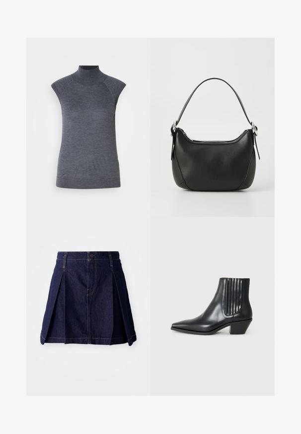 Sivý bezrukávový rolák, priliehavý strih, žebrovaná textúra, hladká látka, vysoký golier a štýlové výrezy na pleciach.; Tmavomodrá džínová sukňa s plisovaním, zapínaním na gombík a kontrastným šitím. Jednoduchý dizajn so rozšíreným strihom a strednou dĺžkou.; Čierna kožená členková topánka s špicatou špičkou, elastickými bočnými panelmi s vertikálnymi drážkami a nízkym blokovým podpätkom. Hladká textura a elegantný dizajn.; Čierna kožená kabelka s zakriveným tvarom, strieborným zipsom a krátkou rukoväťou. Na prednej strane má diskrétne logo a hladkú textúru.