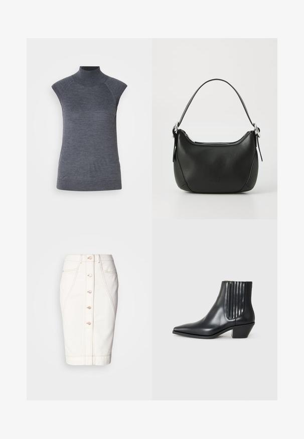Pelēks bez piedurknēm turtlenecks tops, cieši pieguloša silueta, ribota tekstūra, gluda auduma, ar augstu kaklu un stilīgiem plecu izgriezumiem.; Balta denima svārki ar priekšējo pogu aizdari, redzamām šuvēm un zīmuli atgādinošu siluetu. Nav redzamu kabatu. Gluda tekstūra.; Melnas ādas potītes zābaki ar izsistu purngali, elastīgām sānu paneļiem ar vertikālām grodām un zemu bloku papēdi. Gluda tekstūra un elegants dizains.; Melnas ādas rokassoma ar izliekumu formu, sudraba rāvējslēdzis un īsu rokturi. Priekšpusē ir smalks logo un gluda tekstūra.