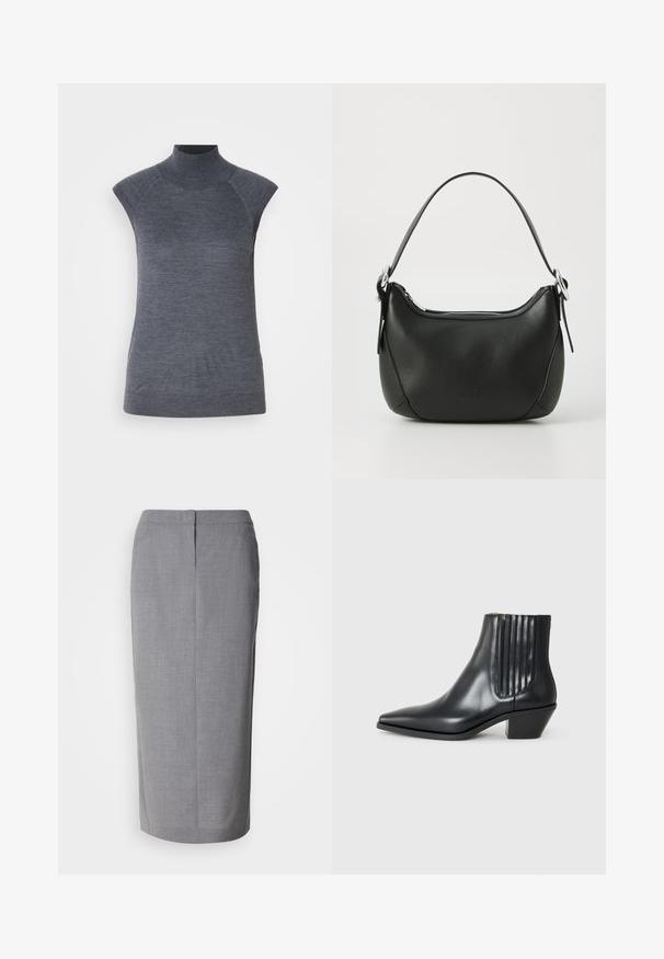 Szary bezrękawnik typu golf, dopasowany krój, prążkowana faktura, gładki materiał, z wysokim kołnierzem i stylowymi wcięciami na ramionach.; Szara spódnica ołówkowa wykonana z teksturowanej tkaniny, charakteryzująca się prostym krojem, rozcięciem z tyłu oraz ukrytą zapięciem na suwak z tyłu.; Czarne skórzane botki za kostkę z wysmuklonym noskiem, elastycznymi bocznymi panelami z pionowymi rowkami oraz niskim blokowym obcasem. Gładka tekstura i elegancki design.; Czarna skórzana torebka o zaokrąglonym kształcie, z srebrnym zamkiem błyskawicznym i krótkim uchwytem. Posiada subtelne logo z przodu i gładką teksturę.