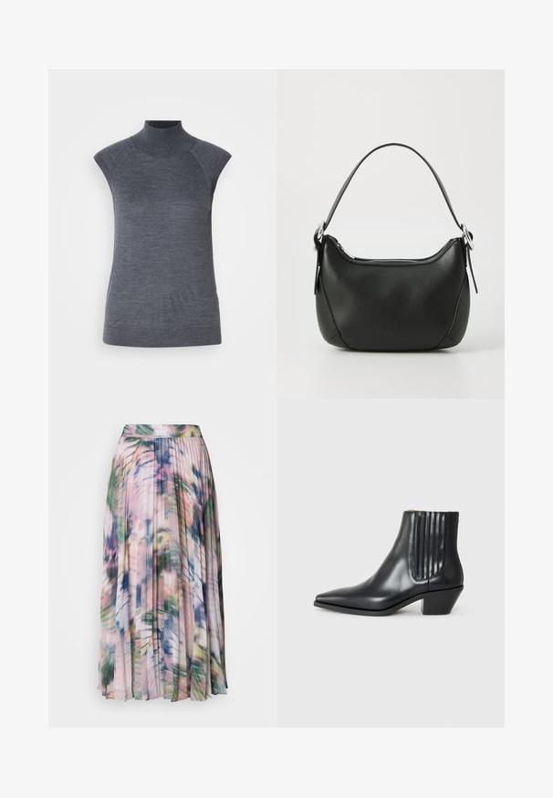 Grijze mouwloze coltrui, nauwsluitende pasvorm, geribbelde textuur, zachte stof, met hoge hals en stijlvolle schouderuitsparingen.; Plisse midi-rok van lichtgewicht, doorschijnende stof. Heeft een meerkleurig abstract bloemenpatroon in tinten roze, groen en blauw.; Zwarte leren enkellaars met spitse neus, elastische zijpanelen met verticale groeven en een lage blokhak. Glad oppervlak en slank ontwerp.; Zwarte leren handtas met een gebogen vorm, zilveren rits en een korte handgreep. Bevat een subtiel logo aan de voorkant en een gladde textuur.
