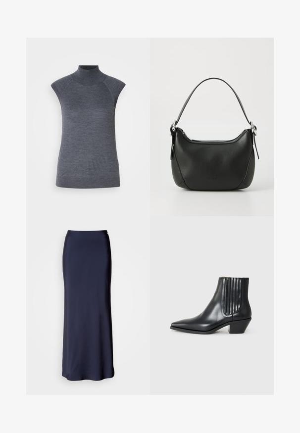 Sivý bezrukávový rolák, priliehavý strih, žebrovaná textúra, hladká látka, vysoký golier a štýlové výrezy na pleciach.; Námornícky modrá saténová maxi sukňa s hladkou textúrou, rovnou siluetou a jemným bočným rozparkom. Obsahuje pás a minimálne zdobenie.; Čierna kožená členková topánka s špicatou špičkou, elastickými bočnými panelmi s vertikálnymi drážkami a nízkym blokovým podpätkom. Hladká textura a elegantný dizajn.; Čierna kožená kabelka s zakriveným tvarom, strieborným zipsom a krátkou rukoväťou. Na prednej strane má diskrétne logo a hladkú textúru.