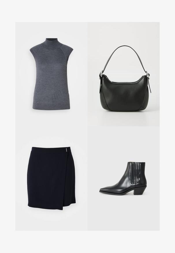 Hallituskaaluga ilma varrukateta turtleneck tops, keha libisev sobivus, sooniktekstuur, sile kanga, kõrgema kaeluse ja stiilsete õlavarre avadega.; Tumesinine mini mähkmeriba sileda kangaga, külgse lõhe ja väikese metallist aktsendiga vööl. Puhtad, minimalistlikud jooned.; Must kõva nahast ankle boot terava varbaga, elastsete külgpanelide ja vertikaalsete soontega ning madala ploki kontsaga. Sile tekstuur ja stiilne disain.; Must mustast nahkaga kott, millel on kaarjas kuju, hõbedane tõmblukk ja lühike käepide. Ees on peen logo ning kott on sileda tekstuuriga.