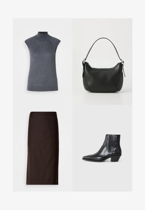Top grigio senza maniche con collo alto, aderente al corpo, texture a coste, tessuto liscio, con collo alto e moderni ritagli sulle spalle.; Gonna a matita marrone, lunghezza al ginocchio, realizzata in tessuto liscio. Presenta un design semplice senza motivi o decorazioni visibili.; Stivaletto in pelle nera con punta affusolata, pannelli laterali elasticizzati con scanalature verticali e tacco basso a blocco. Texture liscia e design elegante.; Borsa in pelle nera con forma curva, zip argentata e manico corto. Presenta un logo discreto sulla parte anteriore e una texture liscia.