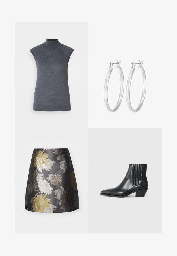 Graues ärmelloses Rollkragenoberteil, körpernahe Passform, gerippte Textur, glattes Material, mit hochgeschlossenem Kragen und stilvollen Schulter-Ausschnitten.; Blumengestickter Rock in Dunkelgrau mit silbernen und goldenen Blumenmustern, glatter Textur und taillierter Passform mit ausgestellt geschnittenem Saum.; Schwarze Leder-Ankle-Boots mit spitzem Zehenbereich, seitlichen elastischen Einsätzen mit vertikalen Rillen und einem niedrigen Blockabsatz. Glatte Textur und elegantes Design.; Silberne Creolen mit einer glatten, polierten Oberfläche. Runder Form und sicherem Klickverschluss. Leichtes Design, geeignet für den täglichen Gebrauch.