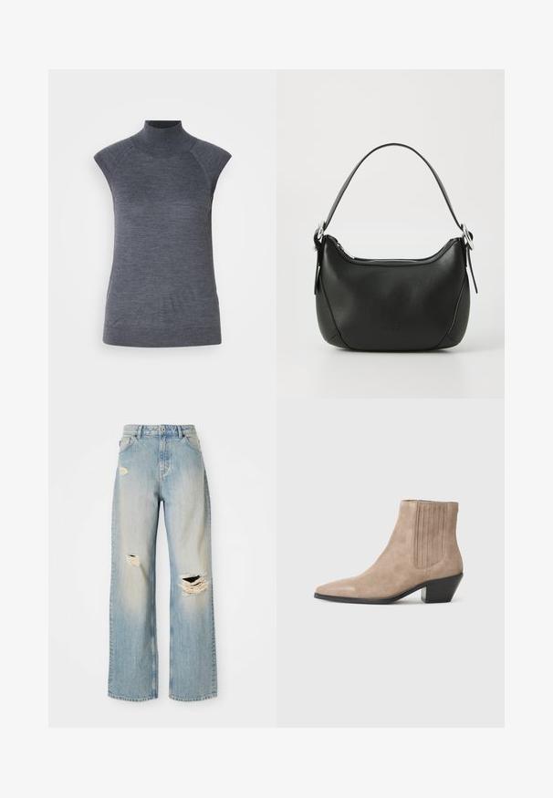 Szürke ujjatlan garbó felső, testhez simuló szabás, bordázott textúra, sima anyag, magas nyakkal és stílusos vállkivágásokkal rendelkezik.; Világoskék, egyenes szabású farmernadrág, magas derekú, övhurkokkal, bal combon, jobb térden és bal lábszáron megviselt szakításokkal.; Beige velúr bokacsizma hegyes orral és formázott sarkal, oldalán függőleges varrási díszítéssel.; Fekete bőr kézitáska ívelt formával, ezüst cipzárral és rövid fogantyúval. Az elején diszkrét logó található, és sima tapintású.