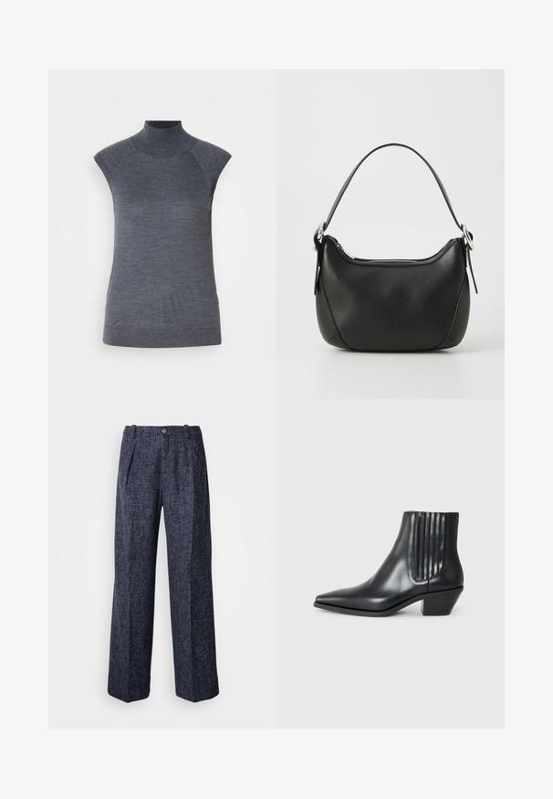 Pilkas be rankovių golfo tipo marškinėlis, prigludusio silueto, su raukinėta tekstūra, sklandžiu audiniu, turi aukštą apykaklę ir madingus pečių išpjovimus.; Tamsiai mėlynos kelnės su tekstūruotu audiniu, aukštu liemeniu, plačiais kirpimais ir priekinėmis raukšlėmis. Yra vienas mygtukas ir užtrauktukas.; Juodas odinis aukšto bato konstrukcijos batas su smailiu nose, elastingais šoniniais paneleis su vertikaliomis grioveliais ir žemu blokuota pakulne. Lygi tekstūra ir elegantiškas dizainas.; Juodas odinis rankinė su išlenkta forma, sidabro užtrauktuku ir trumpa rankena. Pirmoje pusėje yra subtilus logotipas ir glotni tekstūra.