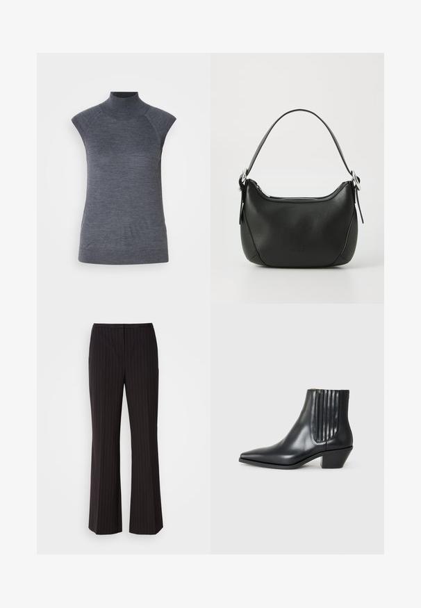 Sivý bezrukávový rolák, priliehavý strih, žebrovaná textúra, hladká látka, vysoký golier a štýlové výrezy na pleciach.; Čierne široké nohavice s prúžkami vyrobené z hladkej látky, so stredne vysokým pásom a čistým predným dizajnom. Žiadne viditeľné vrecká.; Čierna kožená členková topánka s špicatou špičkou, elastickými bočnými panelmi s vertikálnymi drážkami a nízkym blokovým podpätkom. Hladká textura a elegantný dizajn.; Čierna kožená kabelka s zakriveným tvarom, strieborným zipsom a krátkou rukoväťou. Na prednej strane má diskrétne logo a hladkú textúru.