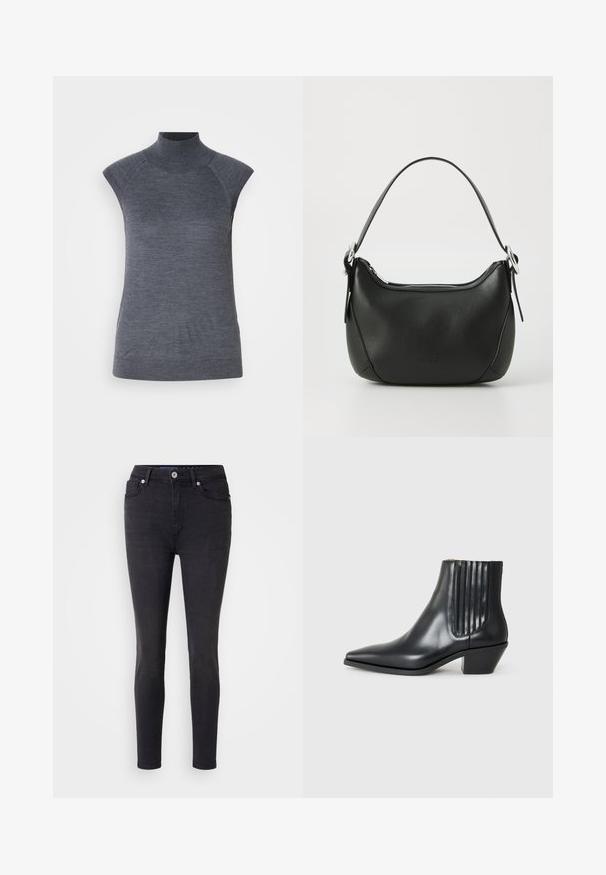 Top gris sin mangas con cuello alto, ajuste ceñido al cuerpo, textura acanalada, tela suave, presenta un cuello alto y elegantes recortes en los hombros.; Jeans ajustados negros de mezclilla con un diseño clásico de cinco bolsillos, presentan un cierre de botón frontal y detalles de costura sutiles.; Bota de cuero negra de tobillo con punta afilada, paneles laterales elásticos con ranuras verticales y un tacón bajo y cuadrado. Textura suave y diseño elegante.; Bolso de mano de cuero negro con forma curvada, cremallera plateada y un asa corta. Presenta un logotipo sutil en la parte frontal y una textura suave.