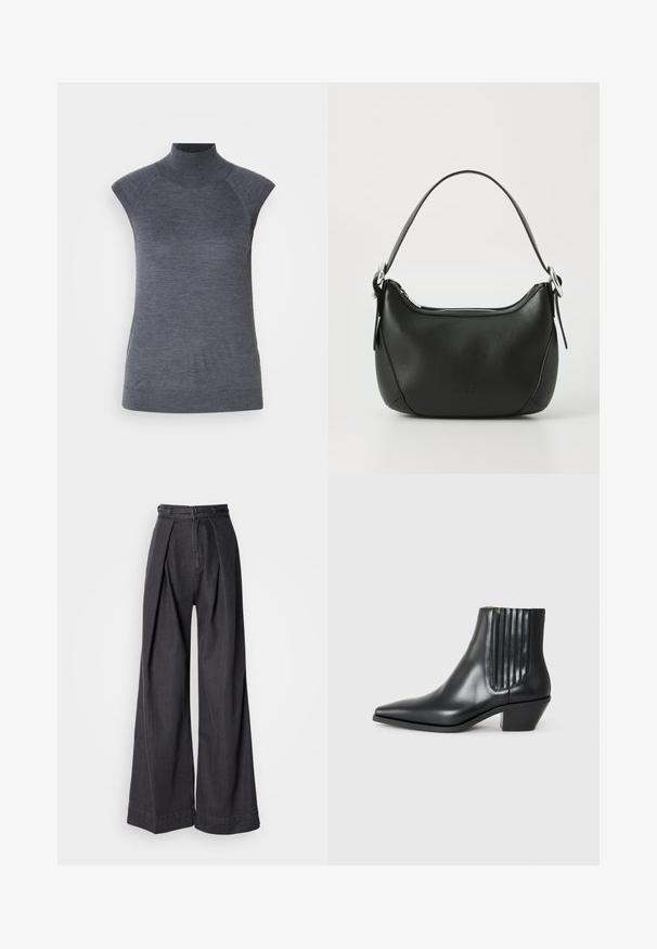 Top gri fără mâneci, cu croială aderentă, textură răsucită, material neted, cu guler înalt și decupaje elegante la umăr.; Pantaloni din denim negri cu croi larg și talie înaltă, având pliseuri frontale și închidere clasică cu fermoar. Textură crispă și netedă, cu un finisaj curat.; Cizme negre din piele, până la gleznă, cu vârful ascuțit, panouri elastice pe laterale cu striații verticale și toc mic, de tip bloc. Textură netedă și design elegant.; Geantă de mână din piele neagră cu o formă curbată, fermoar argintiu și o mânere scurtă. Previne un logo subtil pe față și o textură netedă.