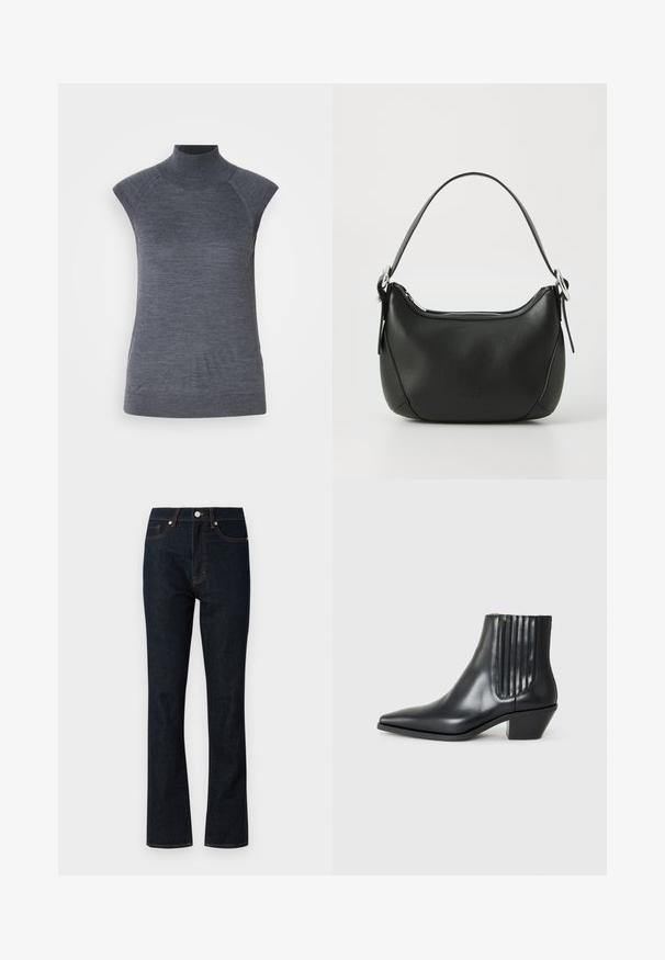 Szürke ujjatlan garbó felső, testhez simuló szabás, bordázott textúra, sima anyag, magas nyakkal és stílusos vállkivágásokkal rendelkezik.; Sötétkék farmernadrág egyenes szabással, narancssárga varrással, klasszikus öt zsebes dizájnnal és fém gombos zárással.; Fekete bőr bokacsizma hegyes orral, elasztikus oldalsó panelekkel, amelyek függőleges bemetszésekkel rendelkeznek, és alacsony blokk sarkú. Sima textúrájú és elegáns dizájn.; Fekete bőr kézitáska ívelt formával, ezüst cipzárral és rövid fogantyúval. Az elején diszkrét logó található, és sima tapintású.