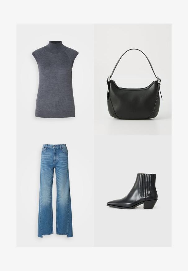 Siva bezrukavna majica s visokim ovratnikom, prilagođenog kroja, rebrasta tekstura, glatka tkanina, s visokim ovratnikom i modernim izrezima na ramenima.; Svijetlo plavi široki traperice s visokim strukom, imaju izblijeđivanje, pet džepova i zatvaranje na gumbi; izrađeni od denima s glatkom teksturom.; Crna kožna gležnjača s šiljastim prstom, elastičnim bočnim panelima s okomitim debljinama i niskim blok-petama. Glatka tekstura i elegantan dizajn.; Crna kožna torba s zakrivljenim oblikom, srebrnim patentnim zatvaračem i kratkom drškom. Ima suptilan logotip sprijeda i glatku teksturu.