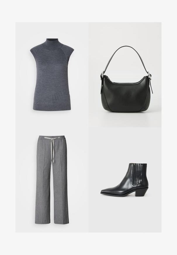 Graues ärmelloses Rollkragenoberteil, körpernahe Passform, gerippte Textur, glattes Material, mit hochgeschlossenem Kragen und stilvollen Schulter-Ausschnitten.; Grau gestreifte, weit geschnittene Hose aus strukturiertem Stoff. Sie verfügt über einen elastischen Bund mit einer kremfarbigen Zugkordel.; Schwarze Leder-Ankle-Boots mit spitzem Zehenbereich, seitlichen elastischen Einsätzen mit vertikalen Rillen und einem niedrigen Blockabsatz. Glatte Textur und elegantes Design.; Schwarze Ledertasche mit geschwungener Form, silbernem Reißverschluss und kurzem Griff. Verfügt über ein dezentes Logo auf der Vorderseite und eine glatte Textur.