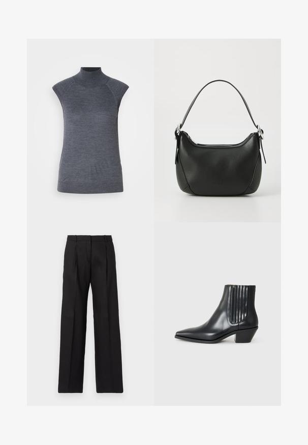 Hallituskaaluga ilma varrukateta turtleneck tops, keha libisev sobivus, sooniktekstuur, sile kanga, kõrgema kaeluse ja stiilsete õlavarre avadega.; Mustad kohandatud püksid sirge jala kujundusega, teravate voltidega ja siledast tekstuurist. Valmistatud kergetest kangastest.; Must kõva nahast ankle boot terava varbaga, elastsete külgpanelide ja vertikaalsete soontega ning madala ploki kontsaga. Sile tekstuur ja stiilne disain.; Must mustast nahkaga kott, millel on kaarjas kuju, hõbedane tõmblukk ja lühike käepide. Ees on peen logo ning kott on sileda tekstuuriga.