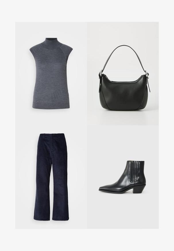 Graues ärmelloses Rollkragenoberteil, körpernahe Passform, gerippte Textur, glattes Material, mit hochgeschlossenem Kragen und stilvollen Schulter-Ausschnitten.; Marineblaue Cord-Hosen mit weitlaafigem Schnitt, vertikalen Rillen, elastischem Bund und ohne sichtbare Beschläge. Weiche Textur und entspannte Passform.; Schwarze Leder-Ankle-Boots mit spitzem Zehenbereich, seitlichen elastischen Einsätzen mit vertikalen Rillen und einem niedrigen Blockabsatz. Glatte Textur und elegantes Design.; Schwarze Ledertasche mit geschwungener Form, silbernem Reißverschluss und kurzem Griff. Verfügt über ein dezentes Logo auf der Vorderseite und eine glatte Textur.