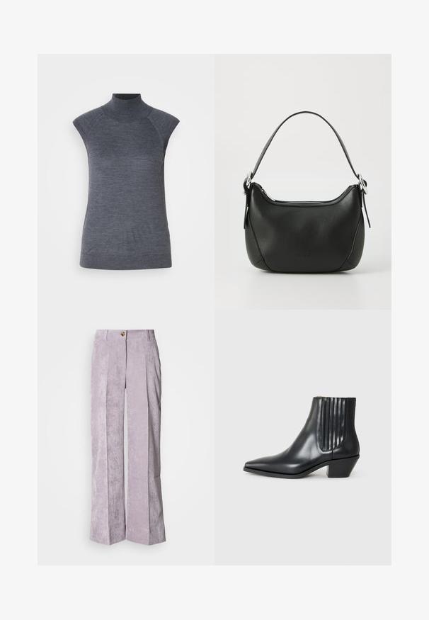 Pelēks bez piedurknēm turtlenecks tops, cieši pieguloša silueta, ribota tekstūra, gluda auduma, ar augstu kaklu un stilīgiem plecu izgriezumiem.; Gai violetā krāsā vīkalu bikses ar augstu jostasvietu, platām kājām un priekšējiem gurniem. Iespējota vienas pogas aizdare un izšūta apmale.; Melnas ādas potītes zābaki ar izsistu purngali, elastīgām sānu paneļiem ar vertikālām grodām un zemu bloku papēdi. Gluda tekstūra un elegants dizains.; Melnas ādas rokassoma ar izliekumu formu, sudraba rāvējslēdzis un īsu rokturi. Priekšpusē ir smalks logo un gluda tekstūra.