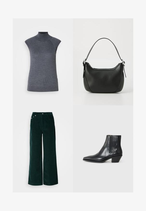 Grå ermeløs polo topp, kroppsnært snitt, ribbet tekstur, glatt stoff, har høy krage og stilige skulderutskjæringer.; Videbenne corduroy bukser i mørkegrønn, med en teksturert overflate, frontlommer og metallknapplukking. Ingen synlige dekorasjoner.; Sorte skinnankelsko med spiss tå, elastiske sidepaneler med vertikale groper, og en lav blokkhæl. Glatt tekstur og elegant design.; Svart skinnveske med en buet form, sølv glidelås og kort håndtak. Har en subtil logo på forsiden og glatt tekstur.