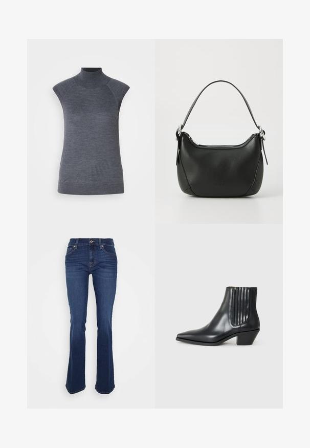 Sivý bezrukávový rolák, priliehavý strih, žebrovaná textúra, hladká látka, vysoký golier a štýlové výrezy na pleciach.; Rozšírené modré džínsy vyrobené z denimu, s vysokým pásom, prednými vreckami a kontrastným stehmi. Látka má hladkú textúru.; Čierna kožená členková topánka s špicatou špičkou, elastickými bočnými panelmi s vertikálnymi drážkami a nízkym blokovým podpätkom. Hladká textura a elegantný dizajn.; Čierna kožená kabelka s zakriveným tvarom, strieborným zipsom a krátkou rukoväťou. Na prednej strane má diskrétne logo a hladkú textúru.