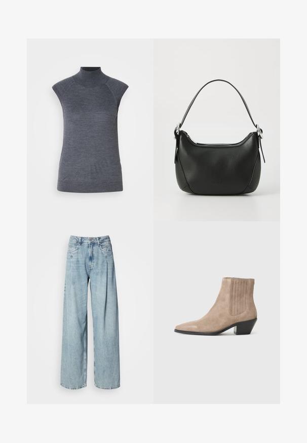 Harmaa hihaton poolopaita, vartalonmyötäinen istuvuus, ribbikuvio, sileä kangas, korkea kaula sekä tyylikkäät olkaleikkaukset.; Vaaleansiniset korkeavyötäröiset leveälahkeiset farkut, joissa on etutaskut, nappisulku ja vyölenkit valkoista taustaa vasten.; Nude mokasíny s špičatou špičkou a tvarovaným podpätkom, s vertikálnym prešívaním na stranách.; Musta nahkakäsilaukku, jossa on kaareva muoto, hopeinen vetoketju ja lyhyt kahva. Edessä on hienovarainen logo ja pinta on sileä.